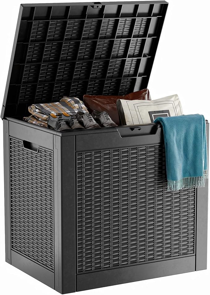 Vixzen 31 Gallon Deck Boxes Outdoor Waterproof, Resin Lockable Storage Box for Patio Cushions Storage Furniture, Garden Tools, Pool Supplies, Weatherproof and UV Resistant(Black, 31 Gallon)