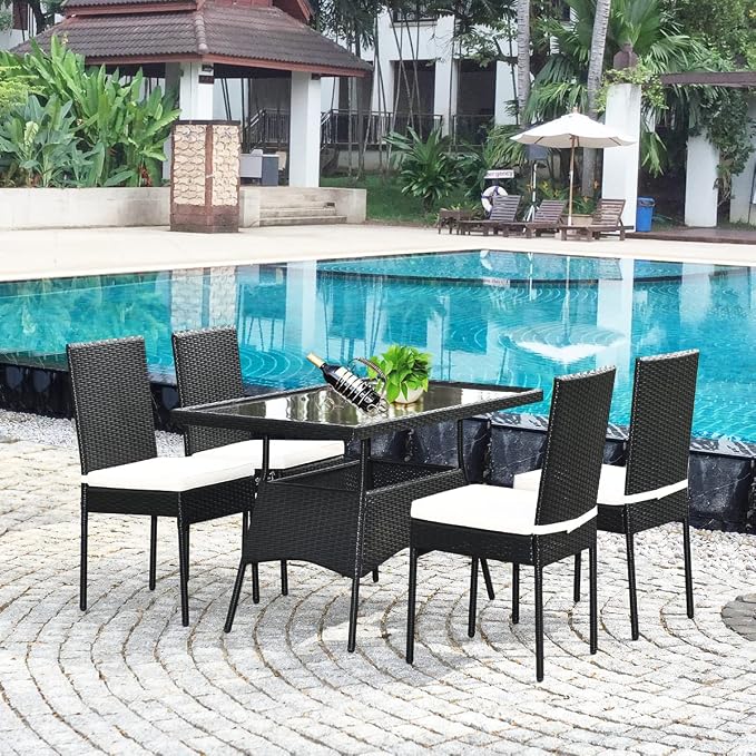 5 Pieces Patio Wicker Dining Set Outdoor Furniture, Outdoor Rattan Table and Chairs with Tempered Glass Table-top & Padded Cushions, Patio Furniture Sets for Backyard, Balcony (Black)