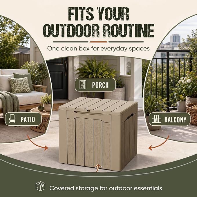 Flamaker Deck Box 30 Gallon, Waterproof Resin Small Storage Box with Lid, Outdoor Patio Furniture Cushion Garden Tool Organizer, Lockable Package Delivery Box for Porch Balcony (Brown)