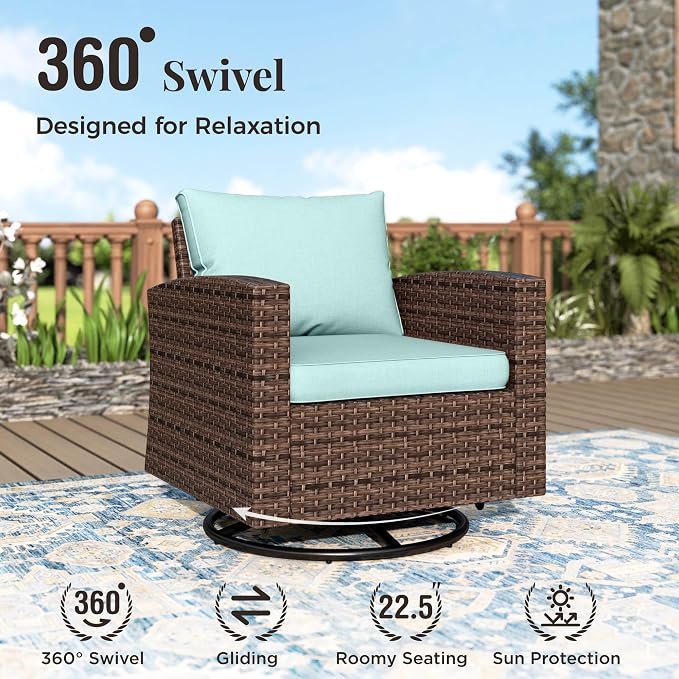 MIXPATIO Patio Furniture Set, 7 Pcs Wicker Rattan Outdoor Conversation Set, 2 x Leg Chairs, 2 x Swivel Chairs, 1 x 3 Seater Sofa and 2 x Ottoman with 4" Thick Cushion for Garden Backyard Deck, Blue