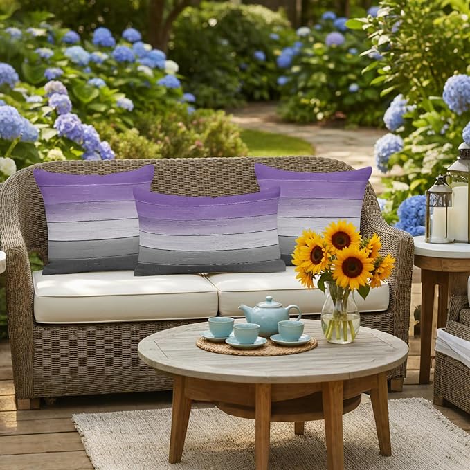 Purple Gray Outdoor Pillow Covers 16x16 Inch Throw Pillow Covers Set of 2 Waterproof Decorative Pillow Cases Vintage Rustic Abstract Striped Wooden Grain Cushion Covers for Patio Furniture Garden