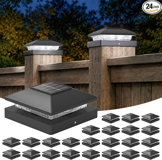 APONUO Solar Post Cap Lights for 4x4 Posts - IP64 Waterproof, 6500K LED, No-Wire Fence Lights & Deck Lights for Patio Garden Yard Patio, Black-Cool White, 24 Pack