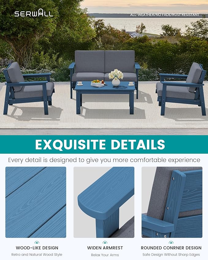 SERWALL HDPE Outdoor Furniture Set, 7 Piece All Weather Wood-Like Outdoor Sofa Sectional Couch, Blue Patio Furniture Set with Grey Cushions