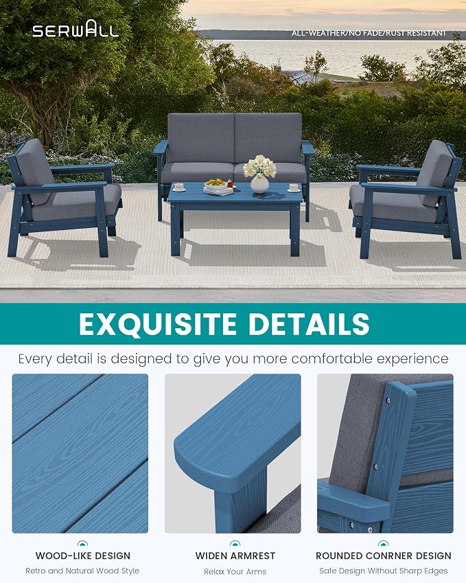 SERWALL HDPE Patio Furniture Set, 5 Piece All Weather Wood-Like Sectional Outdoor Furniture Set, Blue Patio Sofa Couch with Grey Cushions for Deck, Lawn