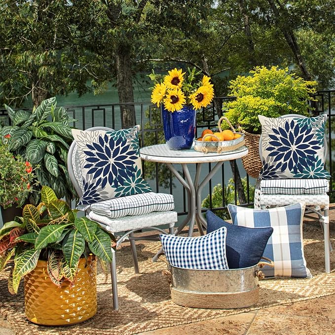 DFXSZ Outdoor Waterproof Pillow Covers 16x16 Set of 2 NavyBlue Green Flower | Spring Summer Waterproof Flower Throw Pillowcases（No Inserts）Outdoor Decor for Patio Funiture Garden Polyester Covers