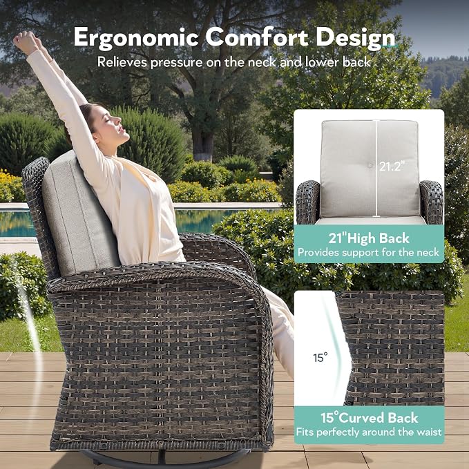 6 Piece Patio Furniture Set - Wicker Patio Conversation Set with Swivel Glider, 3-Seater Sofa, Tempered Glass Side Table and 2 Ottomans for Deck Backyard - Brown Wicker Beige Cushion