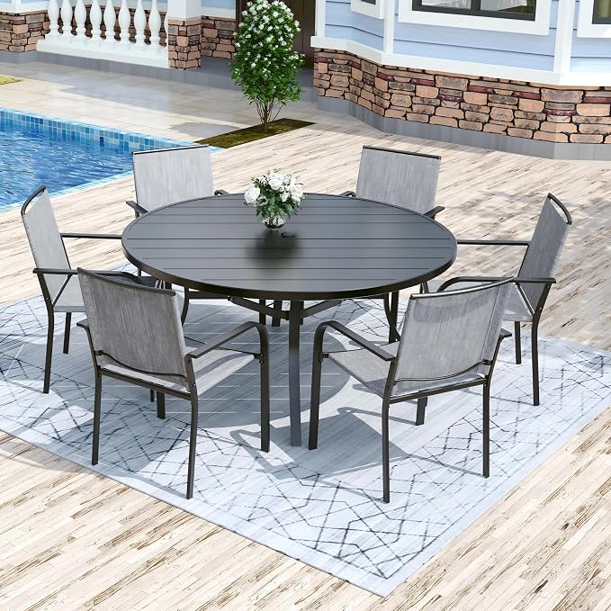 Anmutig 7 Piece Patio Dining Set 54 Inch Round Table Stackable Chairs Grey | Powder-Coated Steel Frame, Quick-Dry Textilene Mesh, Dual-Size Umbrella Hole, Weather Resistant, Patio, Garden, Backyard