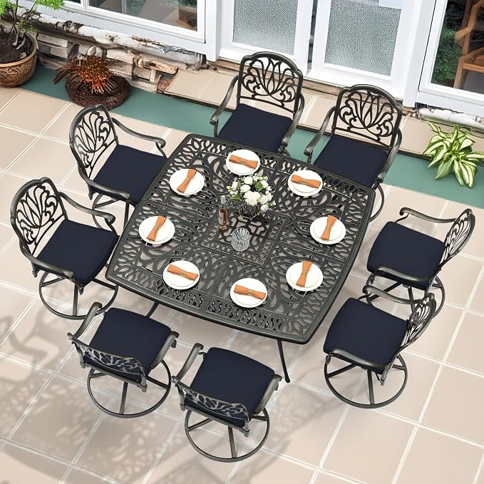 MEETWARM 9-Piece Outdoor Patio Dining Set for 8, All Weather Cast Aluminum Patio Funiture Table and Chairs Set- Large 64" Square Table and 8 Cushioned Swivel Rocker Chairs, Umbrella Hole, Navy Blue