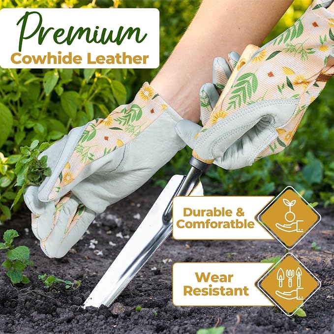 HANDLANDY Gardening Gloves for Women, Leather Garden Glove, Gardener Gift | Breathable Floral Ladies Leather Garden Yard Gloves, for Trimming, Weeding, Digging, Planting, Pruning
