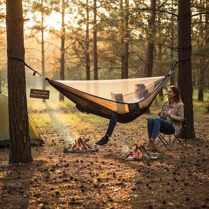 YSUEFIJO Outdoor Hammock with Mosquito Net, Comfortable Camping Hammock for Travel and Backyard, Foldable Portable Hanging Hammock, Breathable Fabric, Weight Capacity 250kg