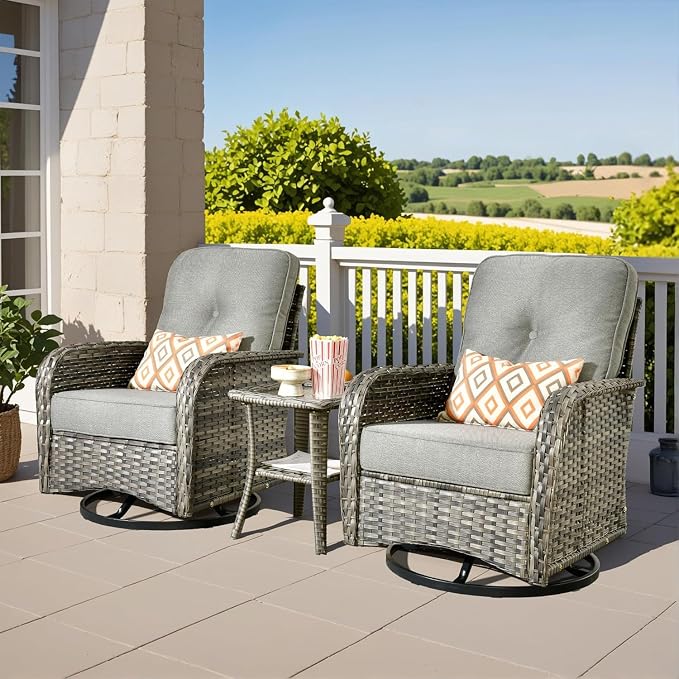 3 Pieces Patio Furniture Set, Outdoor Swivel Rocker Patio Chairs with Coffee Table, All Weather Thickened Cushion Patio Conversation Set for Porch Balcony Deck Poolside Garden Sunroom, Dark Grey