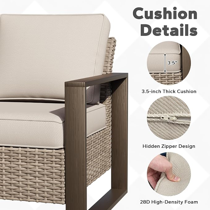 Joyside Outdoor Patio Chairs Set, 4 Pieces Wicker Rattan Chairs with Metal Wide Armrest, Thick Cushions and Deep Seating for Garden, Backyard, Porch, Deck