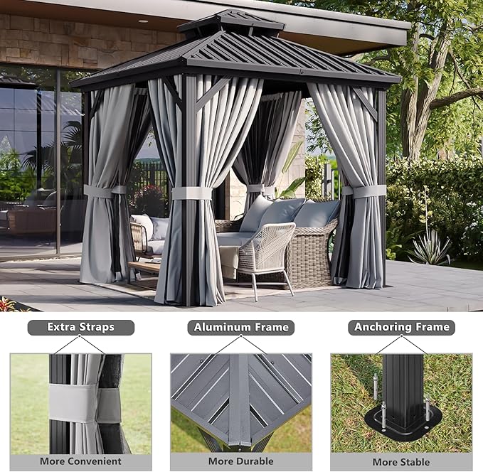 Aoxun 8 FTx 8FT Hardtop Gazebo with Double Galvanized Steel Roof, Outdoor Pavilion with Breathable Netting & Privacy Curtain for Backyard, Patio - Versatile for Family Gatherings, Carport (Gray)