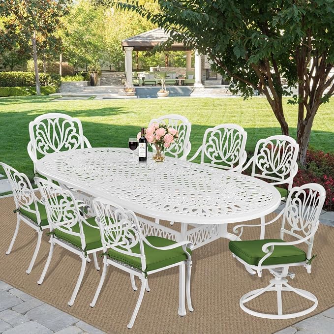 MEETWARM 9-Piece Outdoor Patio Dining Set, All-Weather Cast Aluminum Patio Conversation Set with 1 Oval Table, 2 Swivel Rocker Chairs, 6 Stationary, 8 Cushions, 2" Umbrella Hole, White