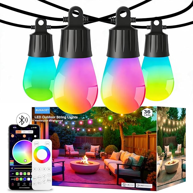 Outdoor String Lights 36 LED Bulbs, 118(98+12) ft RGB+IC+Warm White | APP Control with Remote, Music Sync for Garden Party Decor Christmas Outdoor Light, NOT Extendable