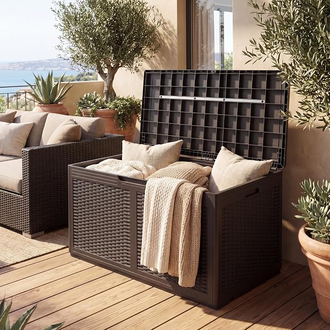 Tangkula 100 Gallon Outdoor Storage Box, Lockable Outdoor Storage Bench with 2 Smooth Wheels, Faux Rattan Surface, Waterproof Resin Deck Box for Outside Poolside Patio Garden (Brown)