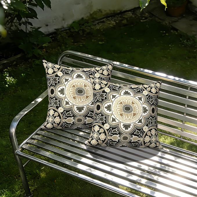 Outdoor Pillows with Insert 18x18 Inch, Waterproof Throw Pillow for Patio Furniture, Decorative Back Cushion for Garden Home Sofa Office Chair, Set of 2, Vintage Medallion