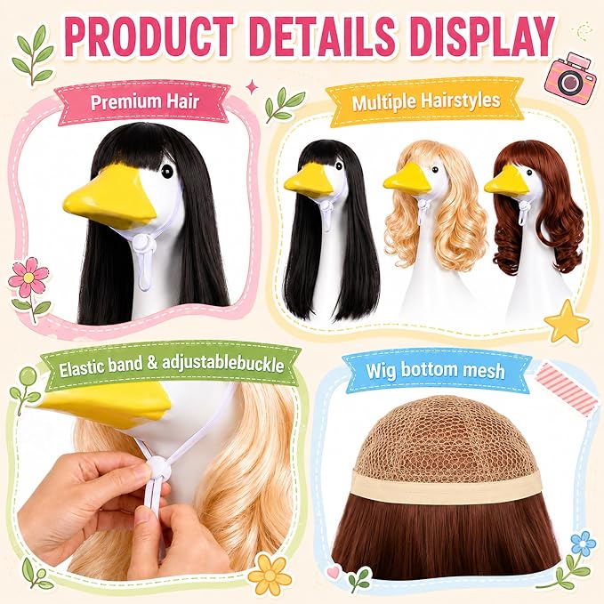 4Pcs Porch Goose Wigs Set Porch Goose Outfits Accessories for Outdoor Statue Accessories Garden Patio Yard Goosey Decoration (3PCS Wigs-B)