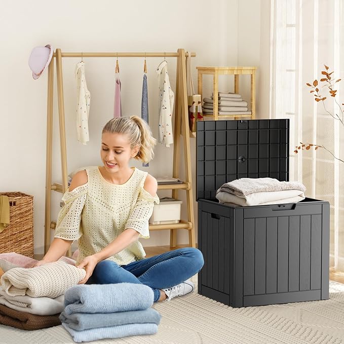 PatioZen 31 Gallon Resin Deck Box, Lockable Patio Outdoor Storage Box for Furniture, Garden Tools and Tools Storage, Waterproof Outside Storage Boxes - Black
