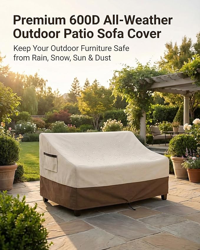 Outdoor Sofa Cover, Waterproof Patio Furniture Cover 76W x 32.7D x 33H inches Heavy Duty 600D Oxford Fabric Beige and Brown