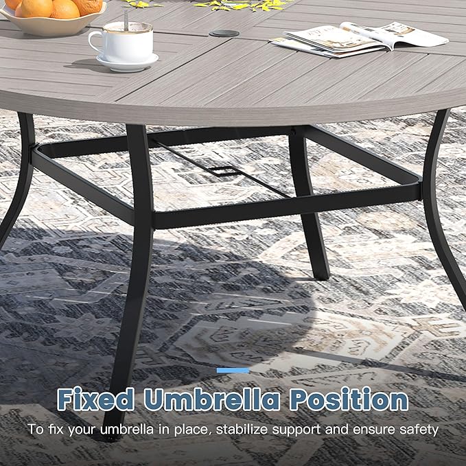 DIFY 7 Pieces Outdoor Patio Dining Set for 6, 50" Grey Wood-Like Round Metal Dining Table and 6 Sandshell Stackable Textilene Patio Chairs, Outdoor Table and Chairs for Backyard Garden Poolside