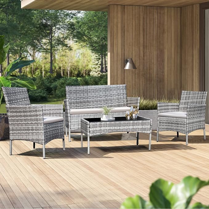 Homall 4 Pieces Outdoor Patio Furniture Sets Rattan Chair Wicker Set,Outdoor Indoor Use Backyard Porch Garden Poolside Balcony Furniture (Grey and Beige)