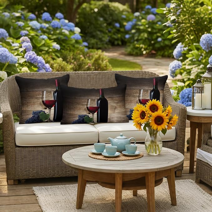 Red Wines Outdoor Pillow Covers 20x12 Inch Lumbar Pillow Covers Set of 2 Waterproof Decorative Throw Pillow Cases Grapes Vintage Wooden Grain Farmhouse Cushion Covers for Patio Furniture Garden Couch