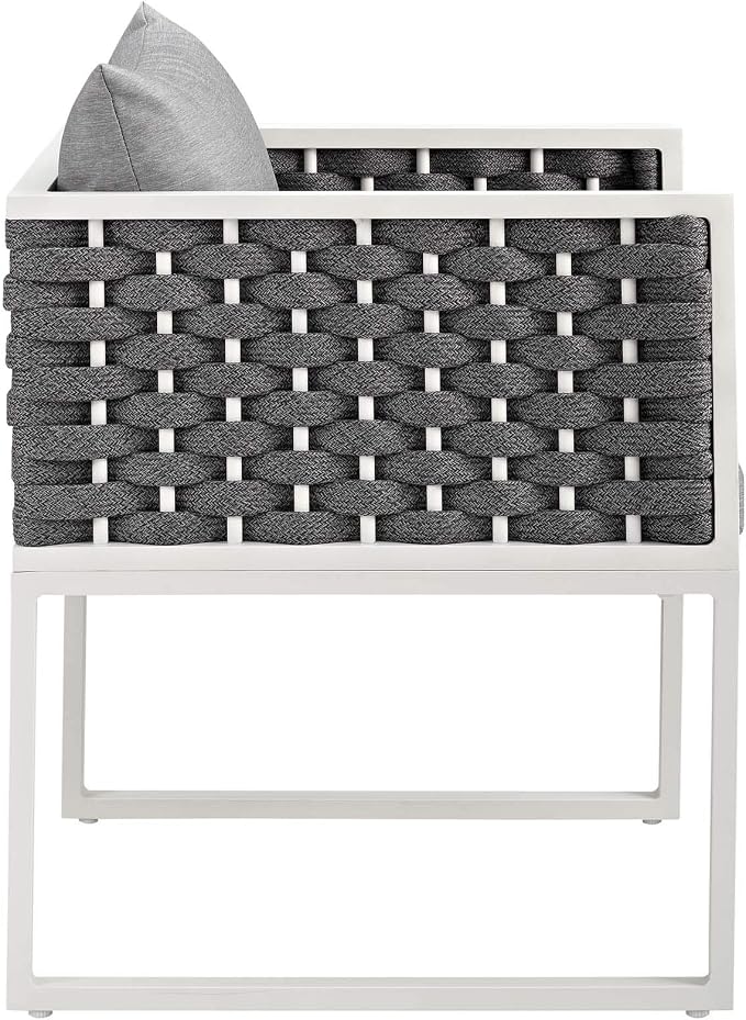 Modway Stance Outdoor Patio Woven Rope Dining Arm Chair in White Gray