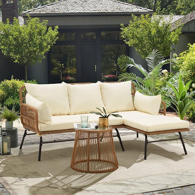 EROMMY 3 Piece Patio Furniture Set, L-Shaped Sectional Conversation Sofa Set with Thick Cushions and Toughened Glass Coffee Table for Backyard Balcony Garden Porch, White