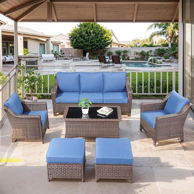 6 Pieces Outdoor Patio Furniture-High Back Rattan Wicker Couch with Outdoor Chairs Patio Conversation Sets for Porch Garden Backyard Poolside-Brown/Blue