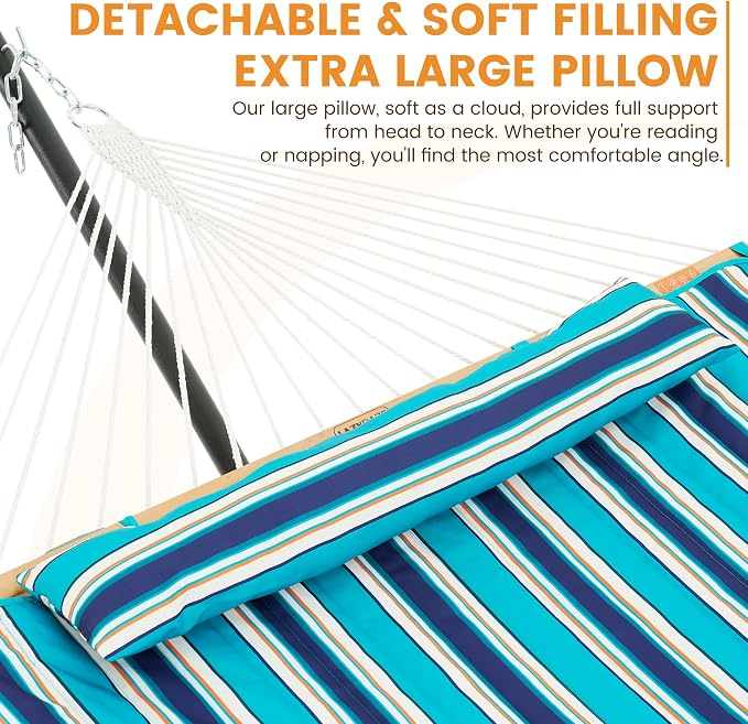 Lazy Daze Hammocks Rope Hammock with Pad, Spreader Bar, Carabiners, Tree Straps, Chains for Outside Patio- Max 450 Lbs, Turquoise Blue Stripes