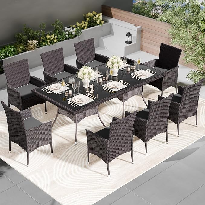 Kullavik 10 Pieces Outdoor Dining Set Patio Rattan Furniture Set,Patio Dining Table and Chairs Set with 8 Chairs and Cushions,Square Glass Tabletop with Umbrella Hole for Patio,Backyard,Grey