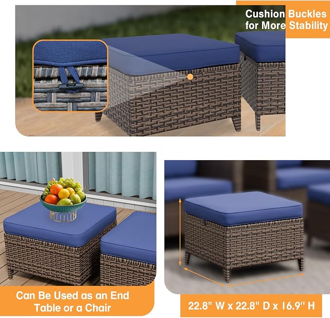COOS BAY Harbor Retreat 3 Piece Outdoor Furniture Set, Patio Conversation Set with 2 Seat Loveseat and Ottomans, Wicker Furniture, Brown/Blue