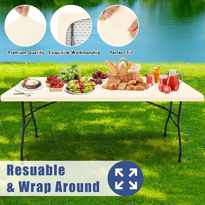 Moosfor Spandex 6 Foot Rectangle Table Cloth 2 Pack, Elastic Fitted Tablecloths for Picnic, Stretch Washable Patio Table Cover for Outdoor, Camping, Banquet and Parties (Champagne, 30"x72")