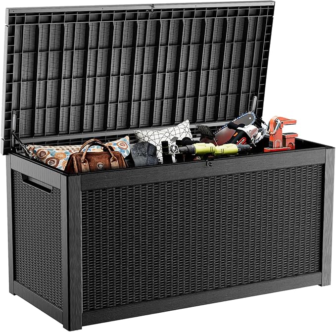 PatioZen 320 Gallon Large Resin Deck Box, Lockable Outdoor Storage Box for Patio Cushions Storage Furniture,Garden Tools, Pool Supplies, Weatherproof and UV Resistant (Black)