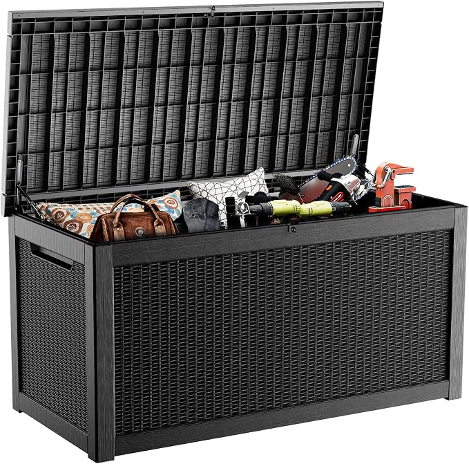 320 Gallon Deck Box Outdoor, Waterproof Outdoor Storage Boxes with Lids, Outside Resin Lockable Storage Box for Patio Cushions, Garden Tools(Black)