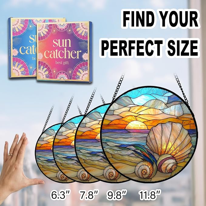 Birthday Gifts for Women - Beach Shell Faux Stained Glass Window Hanging Sun Catcher for Door Garden Acrylic Ocean Decor Mother's Day Christmas for Mom Men Nana Grandma Sisters 9.8"