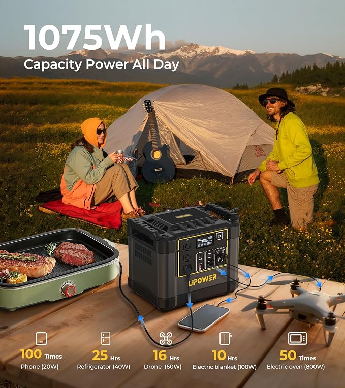 Lipower 1200W Portable Power Station, 1075Wh Solar Powered Generator AC Outlets(2000W Peak) with PD USB Ports, Electric Generator for Camping, Power Supply, Home Use, Emergency, Road Trip