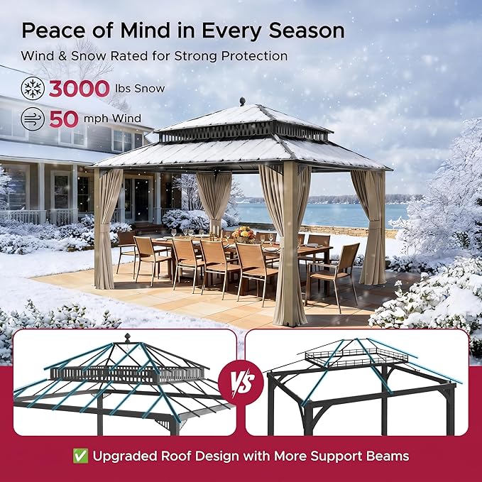 SUNJOY Kingston 14' x 12' Hardtop Wood Gazebo with Galvanized Steel Double Roof, Curtain and Netting, Cedar Posts Permanent Pavilion Gazebo for Garden, Patio, Deck, Lawn