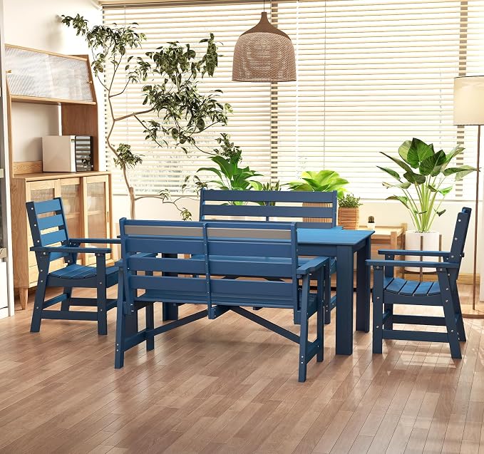 BRIOPAWS Outdoor-Dining-Table-Set | 5 Piece | HDPE | 2 Benches and 2 Chairs Sets for 6 | Patio Dinner Furniture | All Weather | Umbrella Hole | for Poolside Deck Backyard Outdoors | Blue