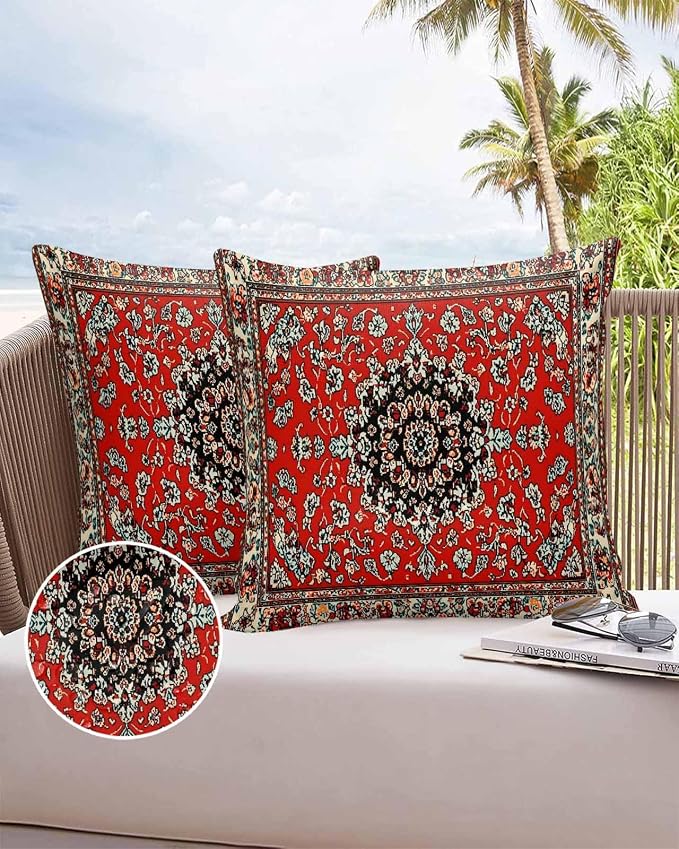 Vandarllin Outdoor Throw Pillows Covers 20x20 inch Set of 2 Waterproof Red Bohemian Decorative Zippered Cushion Covers for Patio Furniture, Boho Tribe Texture Lumbar Pillowcases
