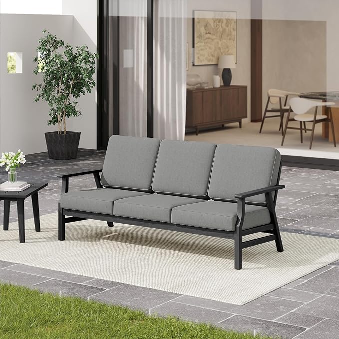 3 Pieces Patio Furniture Sets, Black Wood Outdoor Sectional Furniture with Coffee Table, 5 Seats Patio Sofa Couch Conversation Set for Backyard Deck - Gray