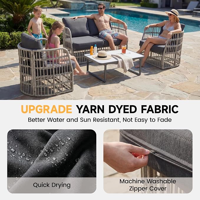 4 Piece Patio Furniture Set, Modern Patio Conversation Set for 4, Rattan Patio Sectional Sofa with Cushions, Backyard Furniture Outdoor Couch with Coffee Table for Deck/Balcony/Porch, Grey