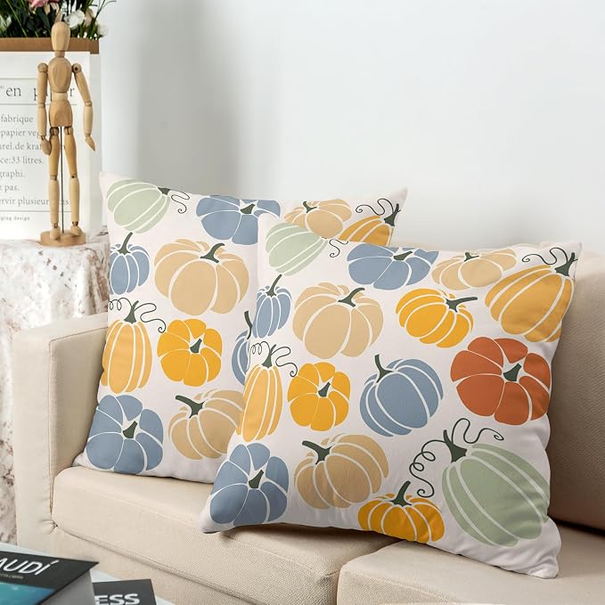 Autumn Outdoor Pillow Case Fall Throw Pillow Covers 24x24 Set of 2 Orange Yellow Blue Pumpkins Pillow Covers Cotton Blend Cushion Case for Couch Patio Bed Car