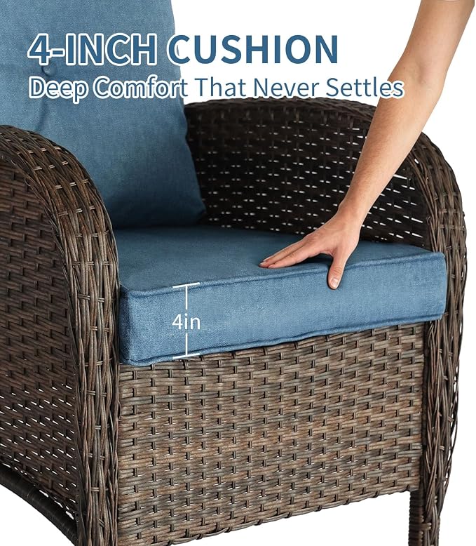 SHGJ&SOFT All Weather Patio Furniture Set, High Back Swivel Rocker Glider Chairs，Ottomans & Glass Tables, Outdoor Conversation Set for Deck Porch Yard Poolside (Blue, 7PCS-Sofa&Chairs&Ottomans&Table)