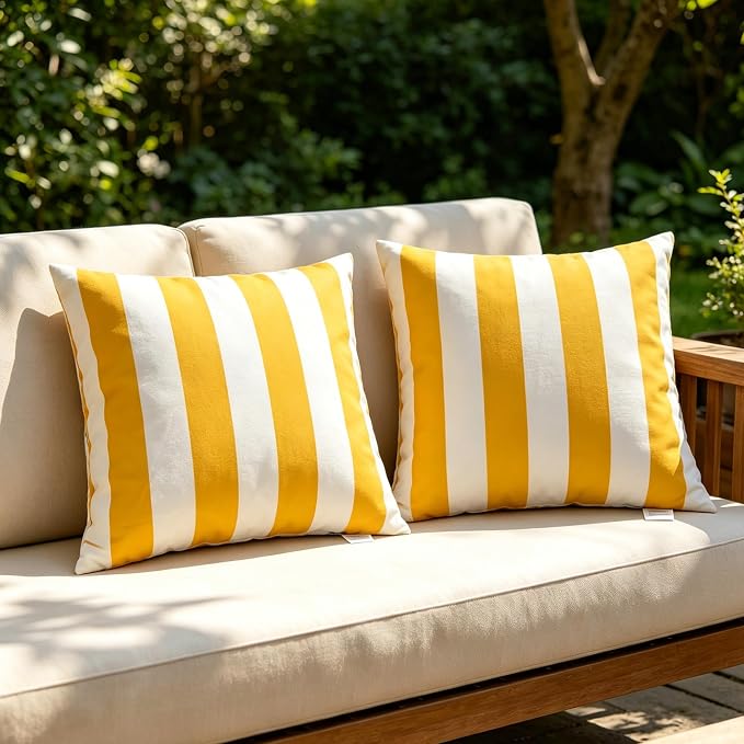 Outdoor Pillows 2-Pack, Waterproof Fade-Resistant (Yellow Stripes, 18x18) | Zippered removable covers easy cleaning, premium PP cotton fill resilient comfort, multiple color options, reinforced edges