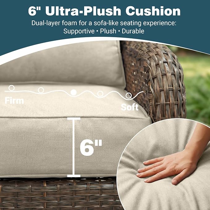 Luxury Patio Conversation Set, 7-Piece Ergonomic High Back Wicker Sofa&Swivel Chair Set with 6-Inch Deep Seating Cushions, Large Patio Furniture Set for Garden, Deck & Balcony, Beige