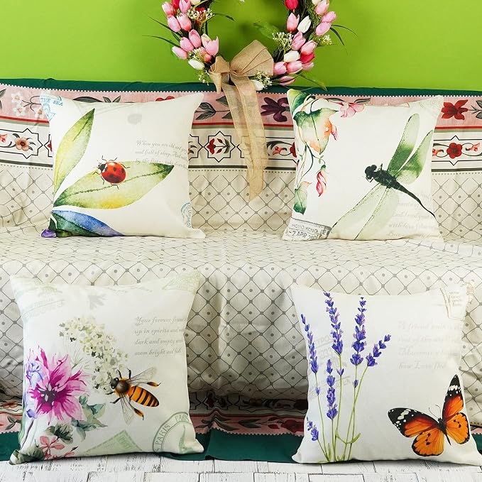 ONWAY Outdoor Garden Decoration Bee/Butterfly/Dragonfly/Ladybug Pillow Case Leaf/Lavender/Flower Decorative Throw Pillow Covers 18 x 18 Inches, Set of 4
