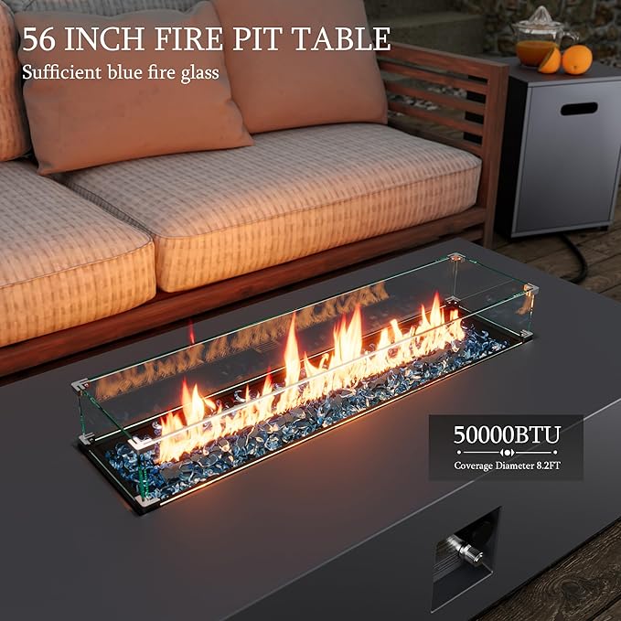 UPHA 7 Pieces Patio Furniture Set with 56" Propane Gas Fire Pit Table, Metal Outdoor Sectional Couch Set with Loveseat & 3-Seat Sofa, Modern Patio Conversation Set for Porch Balcony Deck, Gray