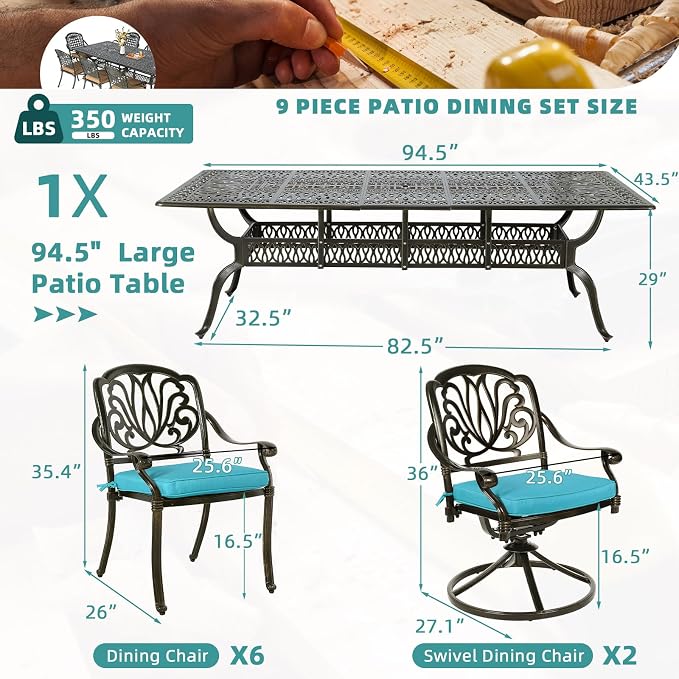 MEETWARM 9-Piece Outdoor Patio Dining Set, All Weather Cast Aluminum Patio Funiture Table and Chairs Set- 94.5” Rectangular Table and 2 Swivel Rocker Chairs, 6 Stationary, Umbrella Hole, Ocean Blue